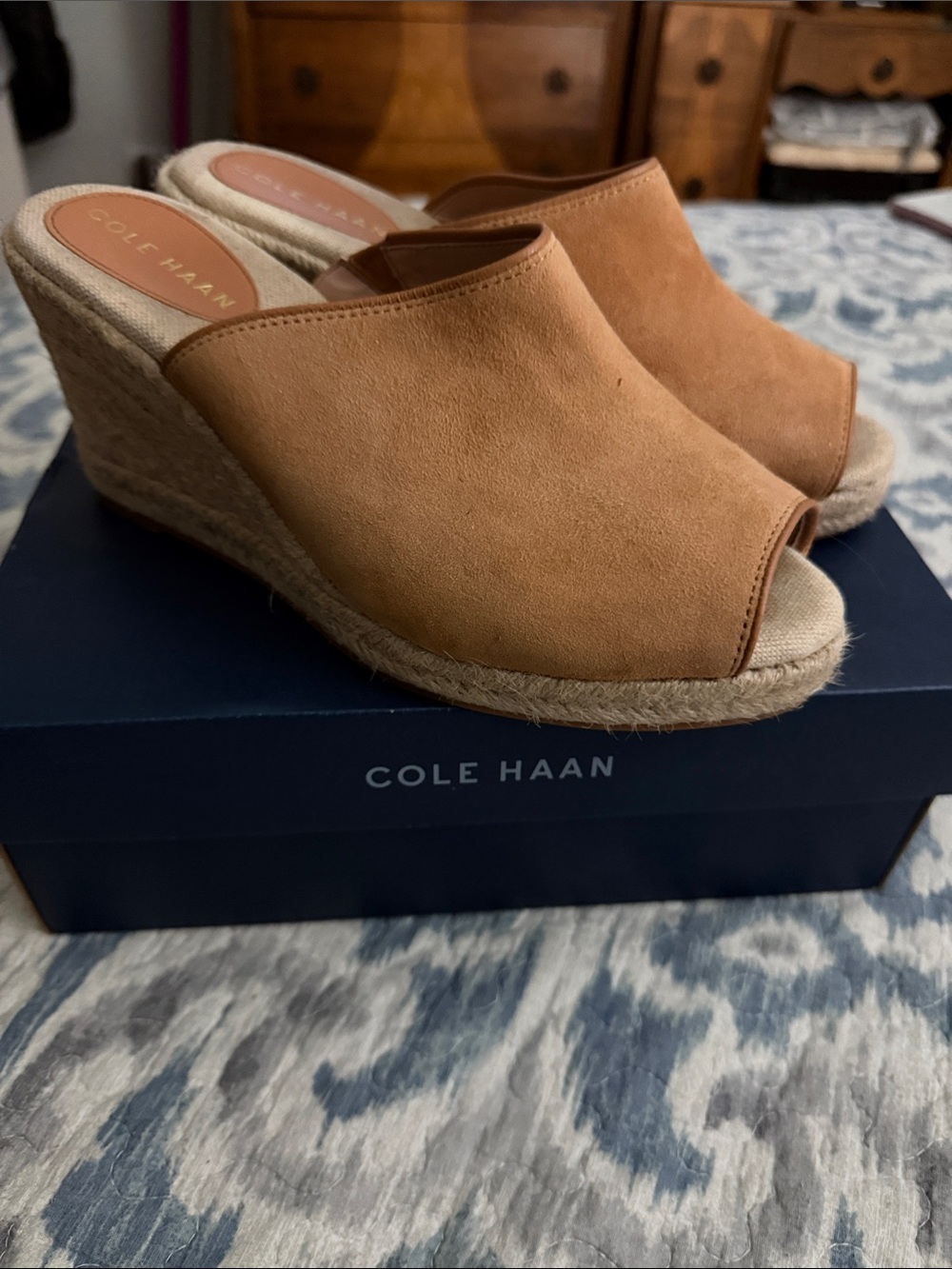 Cole Haan Tan Suede Espadrille Wedge Mules